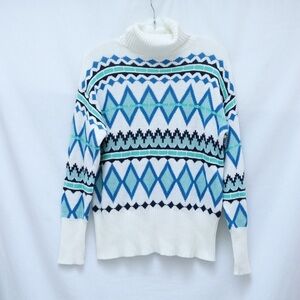 My Style Nordic Turtleneck Sweater White Blue argyle diamond print NWOT new warm